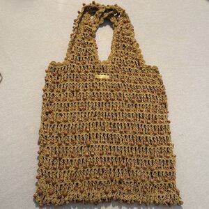 Aava Khaki Brown Beaded Open Knit Crochet Double Handle Market Beach Boho Tote